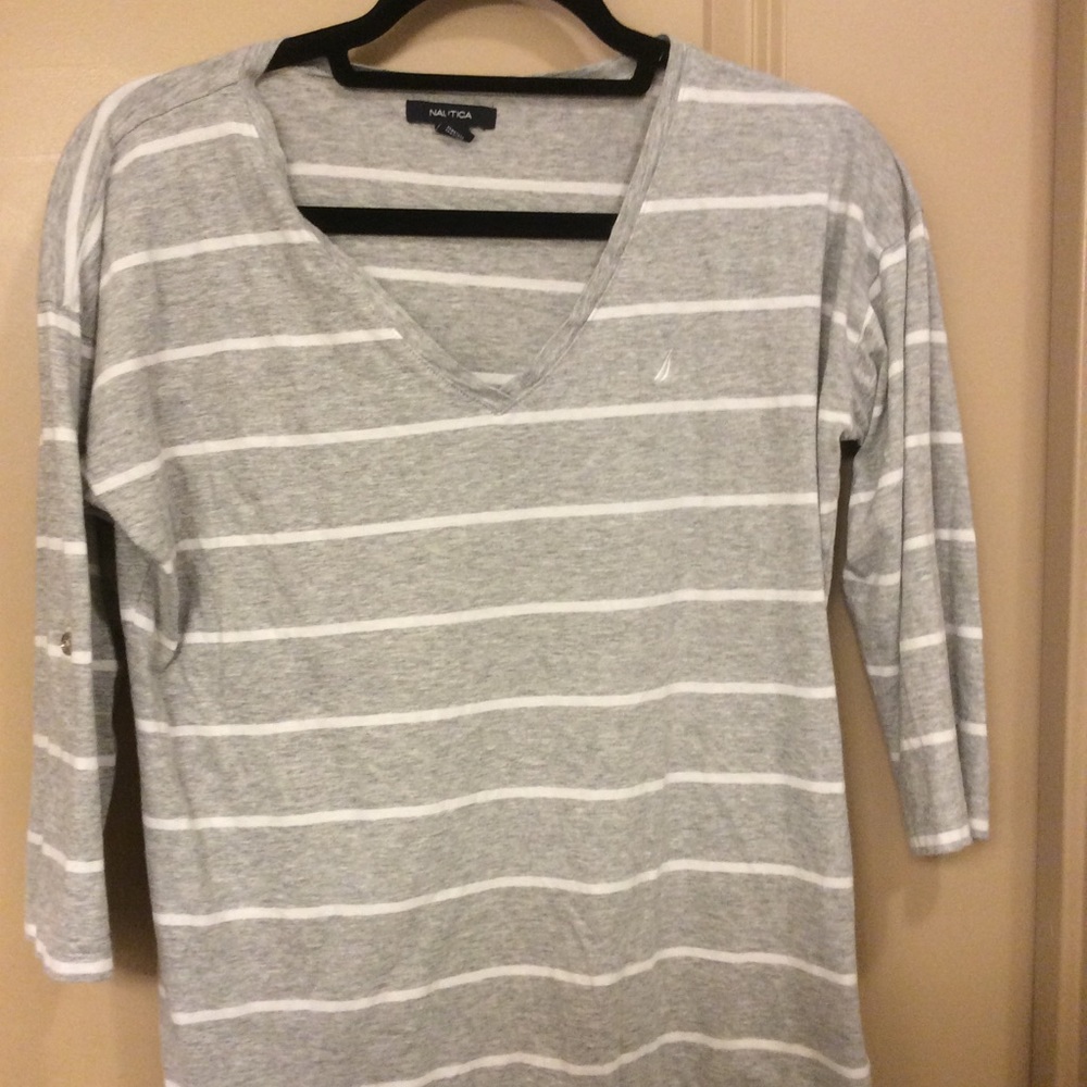 Nautica Grey and white striped shirt